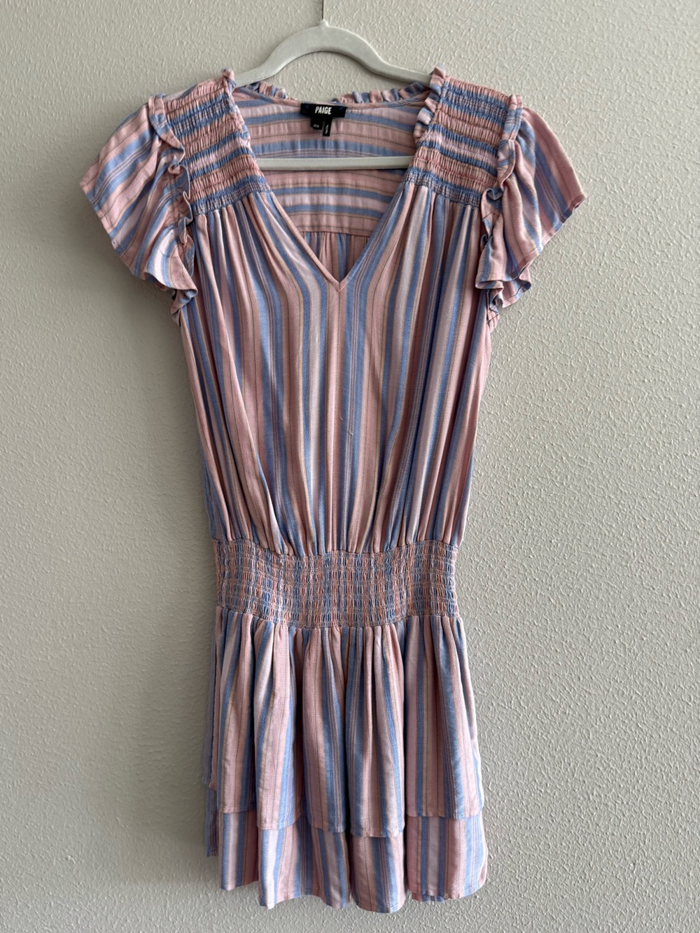 PAIGE Pink & Blue Striped V‑Neck Mini Dress